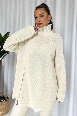 Fermuar Detay Tunik Triko - Bej