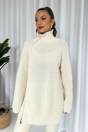 Fermuar Detay Tunik Triko - Bej