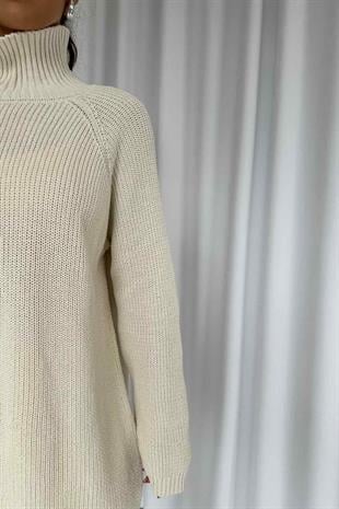 Fermuar Detay Tunik Triko - Bej