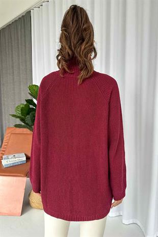 Fermuar Detay Tunik Triko - Bordo
