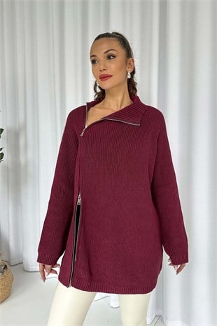 Fermuar Detay Tunik Triko - Bordo