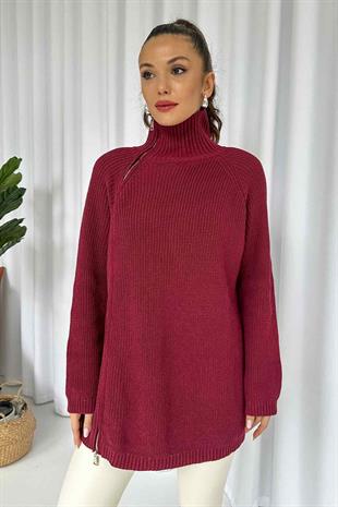 Fermuar Detay Tunik Triko - Bordo