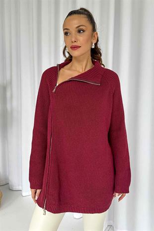Fermuar Detay Tunik Triko - Bordo