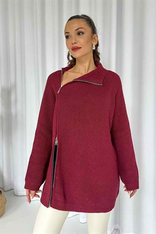 Fermuar Detay Tunik Triko - Bordo