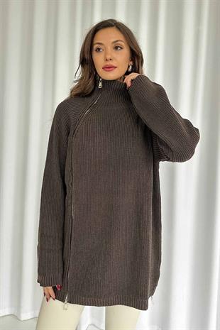 Fermuar Detay Tunik Triko - Kahverengi