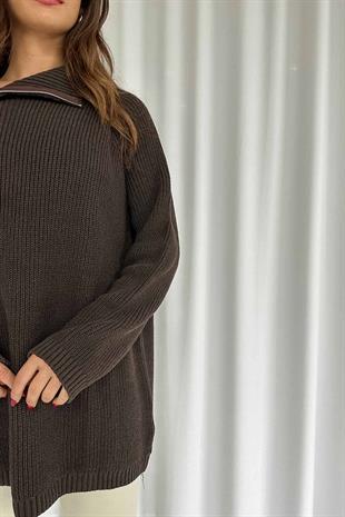 Fermuar Detay Tunik Triko - Kahverengi