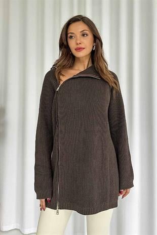 Fermuar Detay Tunik Triko - Kahverengi