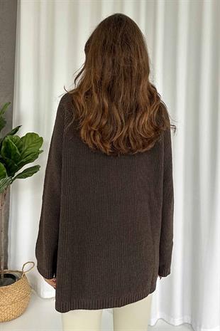 Fermuar Detay Tunik Triko - Kahverengi