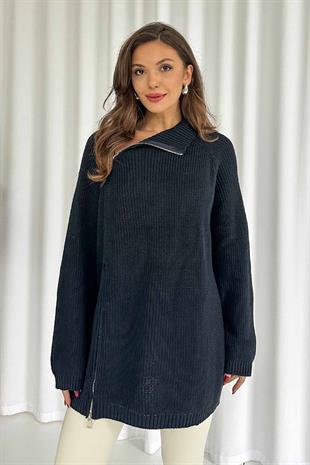 Fermuar Detay Tunik Triko - Lacivert