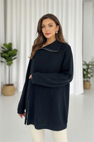 Fermuar Detay Tunik Triko - Lacivert