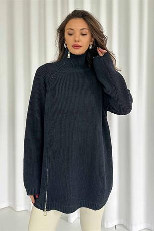 Fermuar Detay Tunik Triko - Lacivert