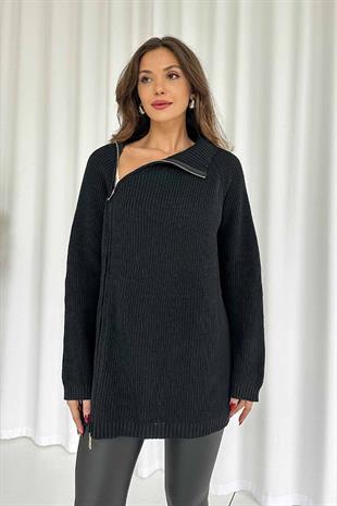 Fermuar Detay Tunik Triko - Siyah