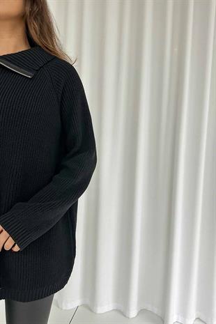 Fermuar Detay Tunik Triko - Siyah