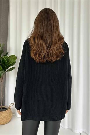 Fermuar Detay Tunik Triko - Siyah