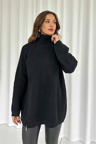 Fermuar Detay Tunik Triko - Siyah