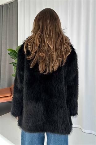 Fermuar Detaylı Kadın Kürk Ceket - Siyah
