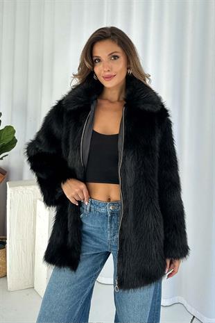 Fermuar Detaylı Kadın Kürk Ceket - Siyah