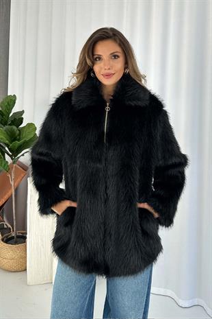 Fermuar Detaylı Kadın Kürk Ceket - Siyah