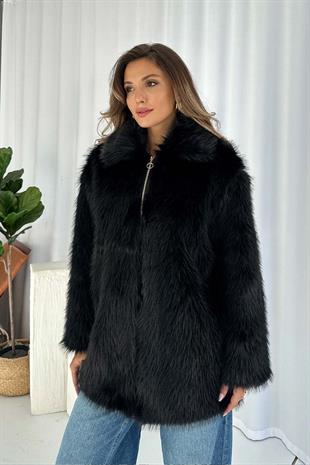 Fermuar Detaylı Kadın Kürk Ceket - Siyah