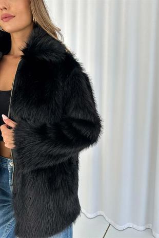 Fermuar Detaylı Kadın Kürk Ceket - Siyah