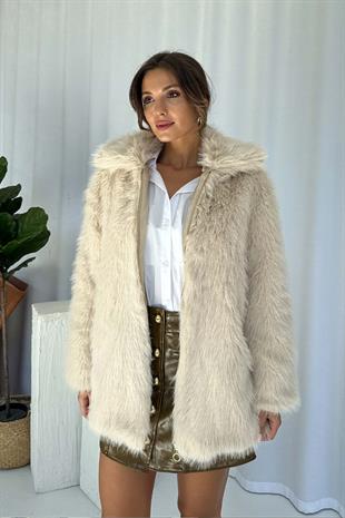 Fermuar Detaylı Kadın Kürk Ceket - Taş