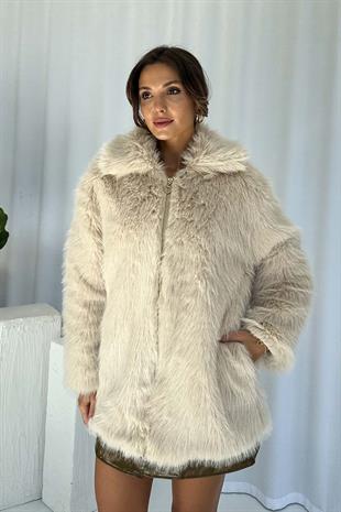 Fermuar Detaylı Kadın Kürk Ceket - Taş