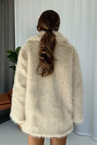 Fermuar Detaylı Kadın Kürk Ceket - Taş