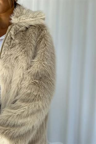 Fermuar Detaylı Kadın Kürk Ceket - Taş