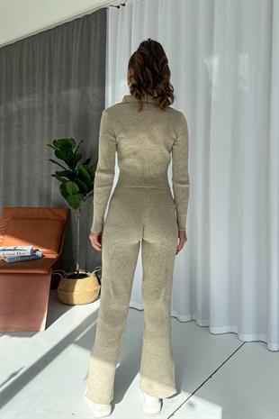 Fermuarlı Triko Hırka Pantolon 2li Kadın Takım - Bej