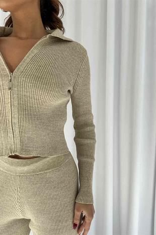 Fermuarlı Triko Hırka Pantolon 2li Kadın Takım - Bej