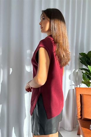 Fermuarlı Triko Süveter - Bordo