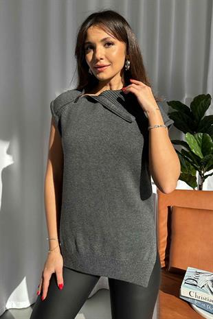 Fermuarlı Triko Süveter - Füme