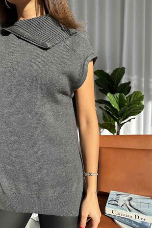 Fermuarlı Triko Süveter - Füme