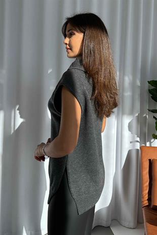 Fermuarlı Triko Süveter - Füme