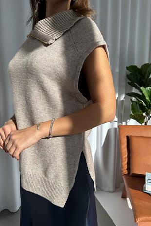 Fermuarlı Triko Süveter - Vizon