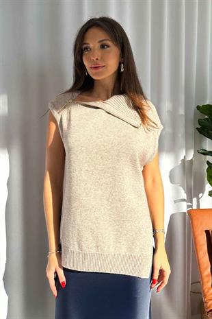 Fermuarlı Triko Süveter - Vizon