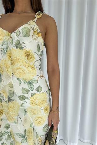 Fırfır Detay Askılı Çiçekli Elbise - Beyaz