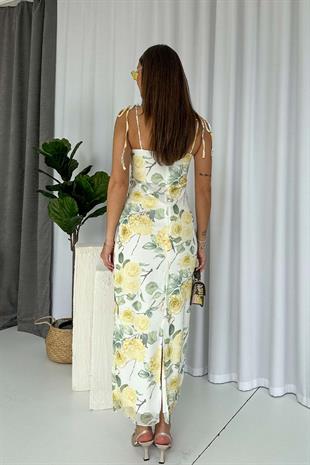 Fırfır Detay Askılı Çiçekli Elbise - Beyaz