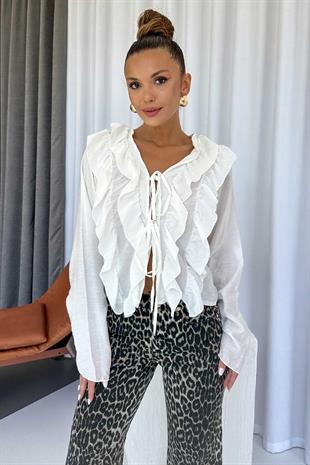 Fırfır Detaylı  Kadın Bluz - Beyaz