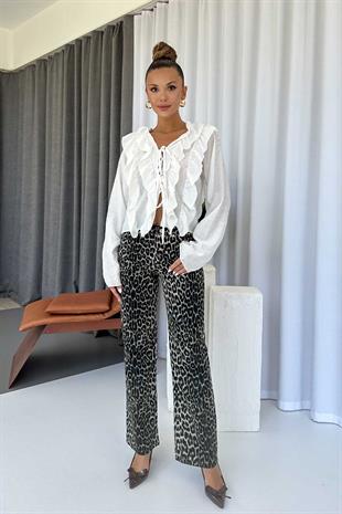 Fırfır Detaylı  Kadın Bluz - Beyaz