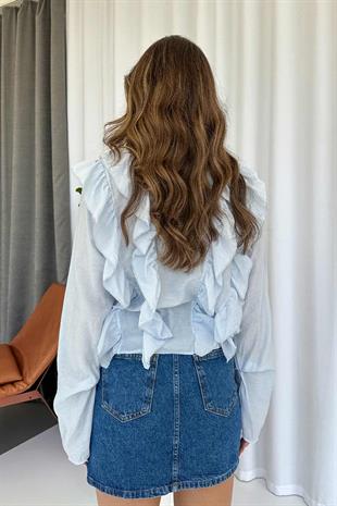 Fırfır Detaylı  Kadın Bluz - Mavi