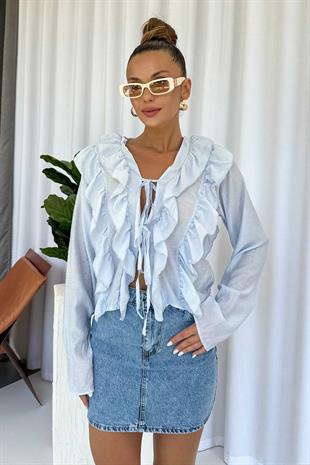 Fırfır Detaylı  Kadın Bluz - Mavi