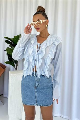 Fırfır Detaylı  Kadın Bluz - Mavi