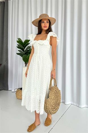 Fisto Detaylı Önden Düğmeli Kadın Midi Elbise - Beyaz