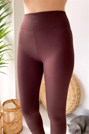 Fitilli İçi Şardonlu Toparlayıcı Kadın Tayt - Kahverengi