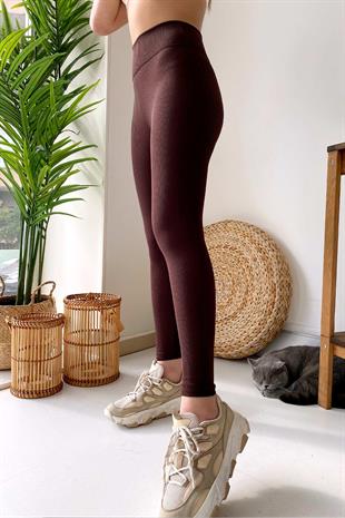 Fitilli İçi Şardonlu Toparlayıcı Kadın Tayt - Kahverengi