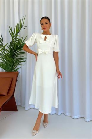 Fiyonk Detay Kısa Kol Kiloş Elbise - Beyaz