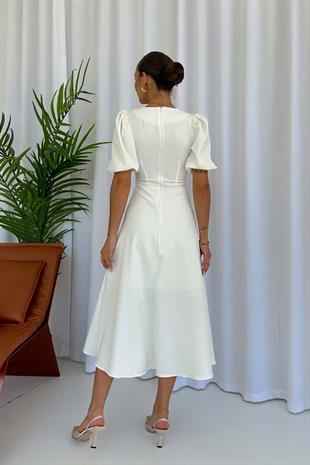 Fiyonk Detay Kısa Kol Kiloş Elbise - Beyaz