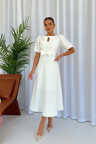 Fiyonk Detay Kısa Kol Kiloş Elbise - Beyaz