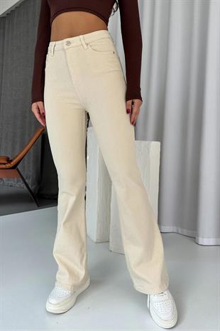 Flare Likralı Yüksek Bel İspanyol Paça Jean - Bej